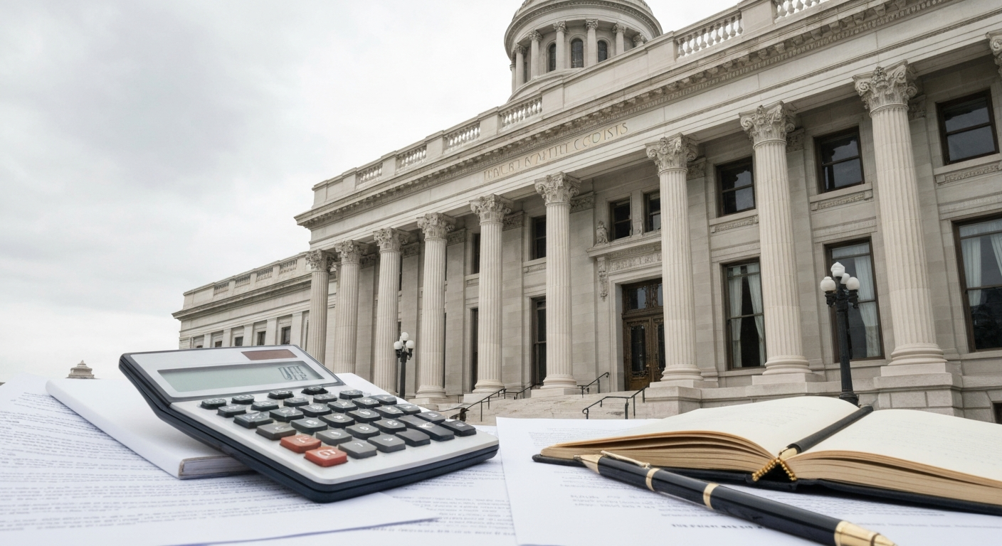 Missouri courthouse with calculator and legal documents - probate costs