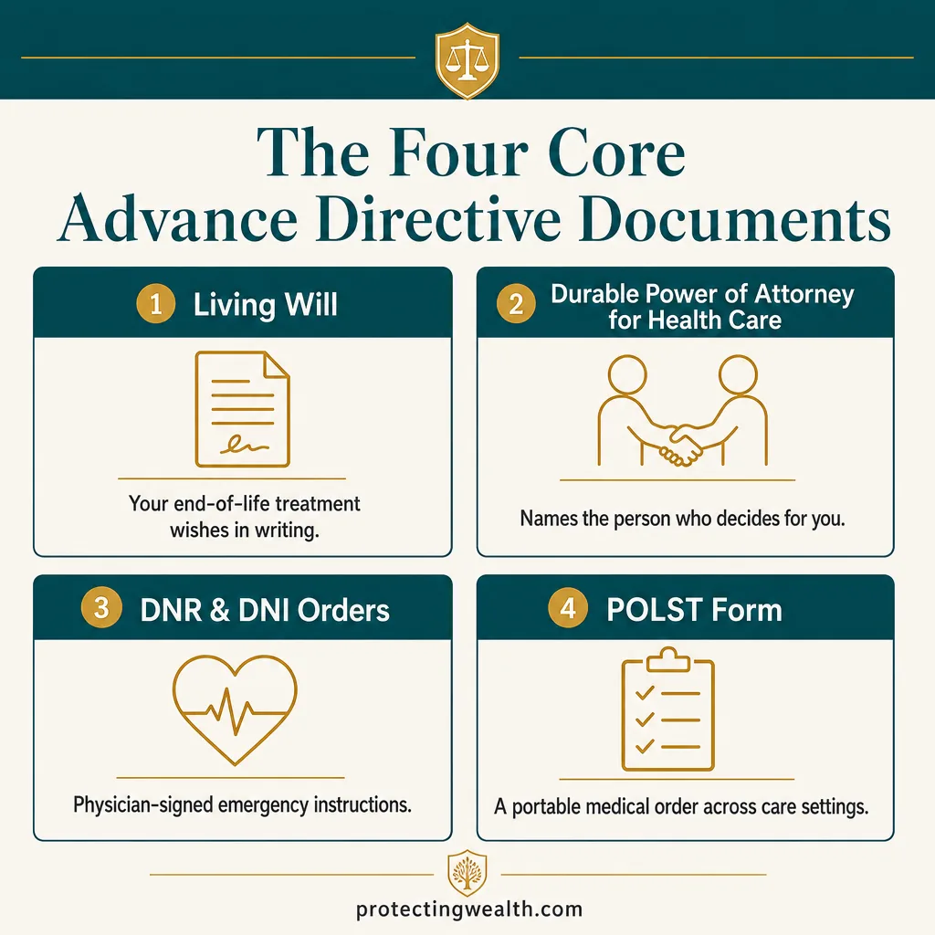 The four core advance directive documents: living will, durable power of attorney for health care, DNR and DNI orders, and POLST form