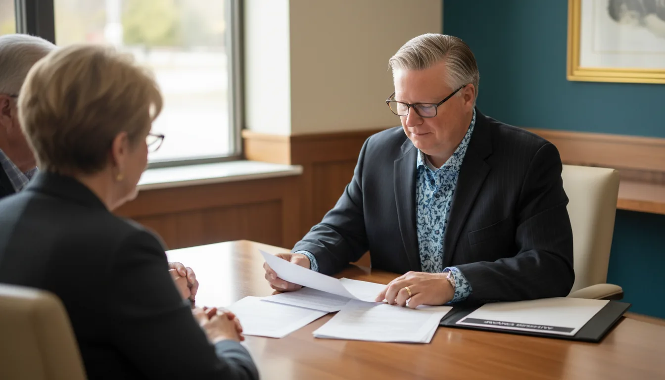 Estate planning attorney Christopher W. Dumm reviewing advance directive documents with a senior couple at his Missouri law office