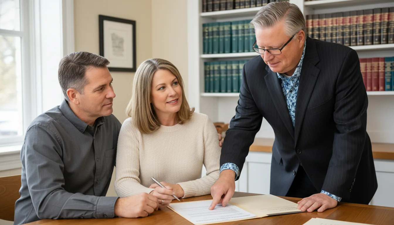 Estate planning attorney Christopher W. Dumm explaining a life insurance beneficiary form to a couple at his law office