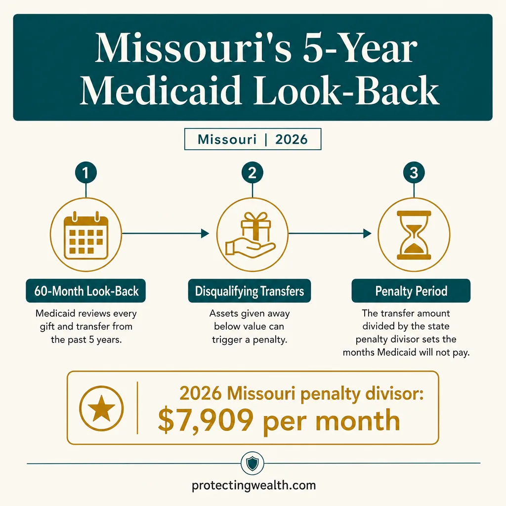 How Missouri's 5-year Medicaid look-back works in 2026: a 60-month review of transfers, disqualifying gifts, and a penalty period set by the $7,909 monthly penalty divisor