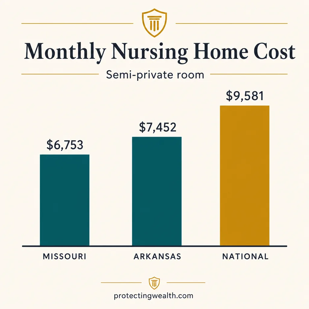 Monthly nursing home cost for a semi-private room: Missouri 6,753 dollars, Arkansas 7,452 dollars, national median 9,581 dollars
