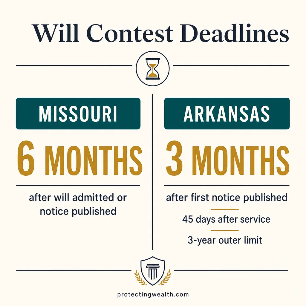 Will contest deadlines compared: Missouri six months, Arkansas three months after notice, 45 days after service, with a three-year outer limit