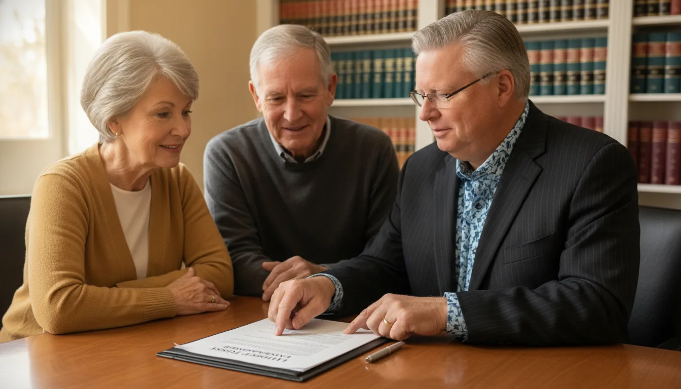Estate-planning attorney Christopher Dumm reviewing a living trust document with a retired married couple