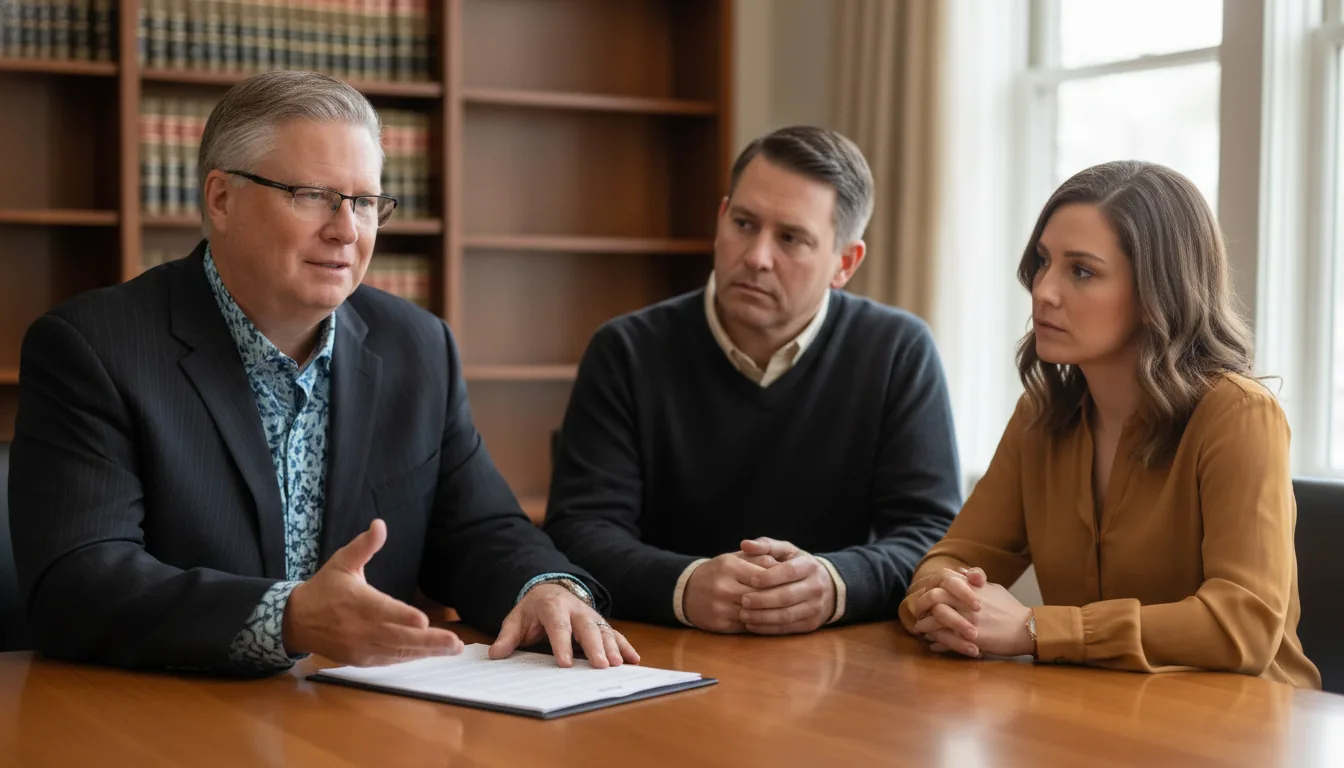Estate-planning attorney Christopher Dumm explaining a will to an adult son and daughter during a probate consultation