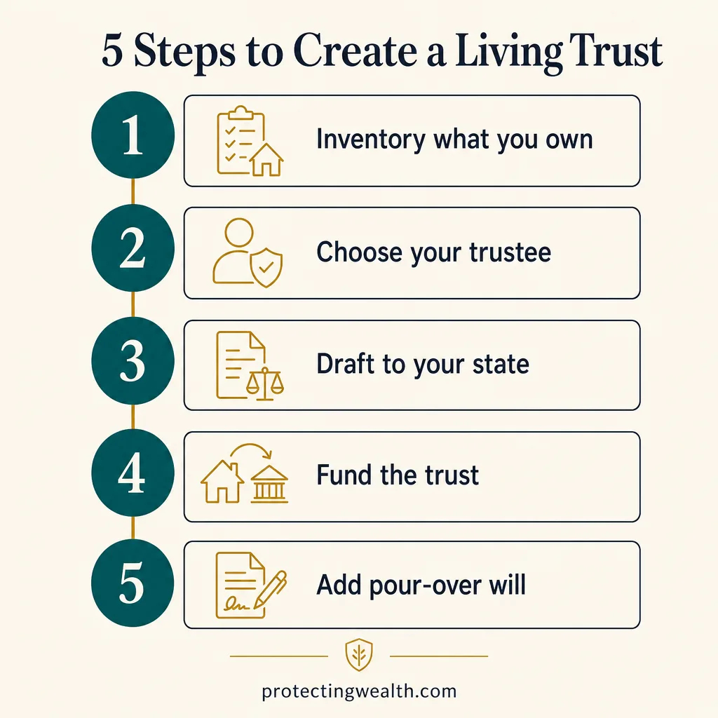Five steps to create a living trust: inventory what you own, choose your trustee, draft to your state, fund the trust, and add a pour-over will