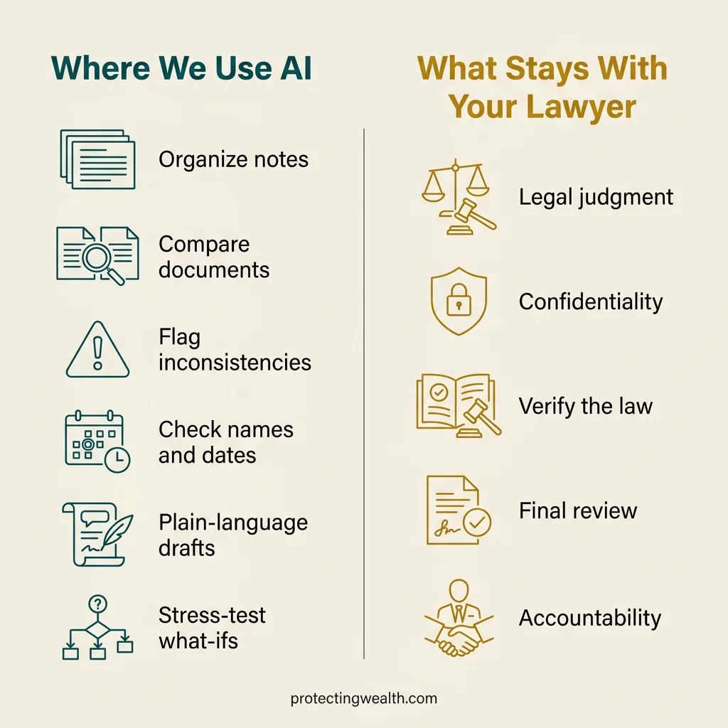 Where the firm uses AI (organize notes, compare documents, flag inconsistencies, check names and dates, plain-language drafts, stress-test scenarios) versus what stays with the lawyer (legal judgment, confidentiality, verifying the law, final review, accountability)