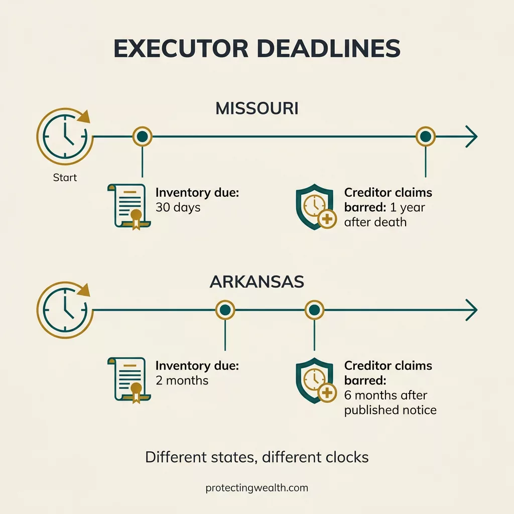 Timeline infographic of executor deadlines in Missouri versus Arkansas, including inventory and creditor claim windows