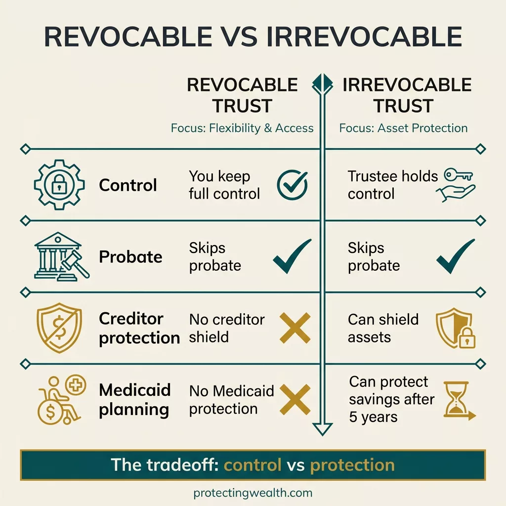 Infographic comparing revocable and irrevocable trusts on control, probate, creditor protection, and Medicaid planning