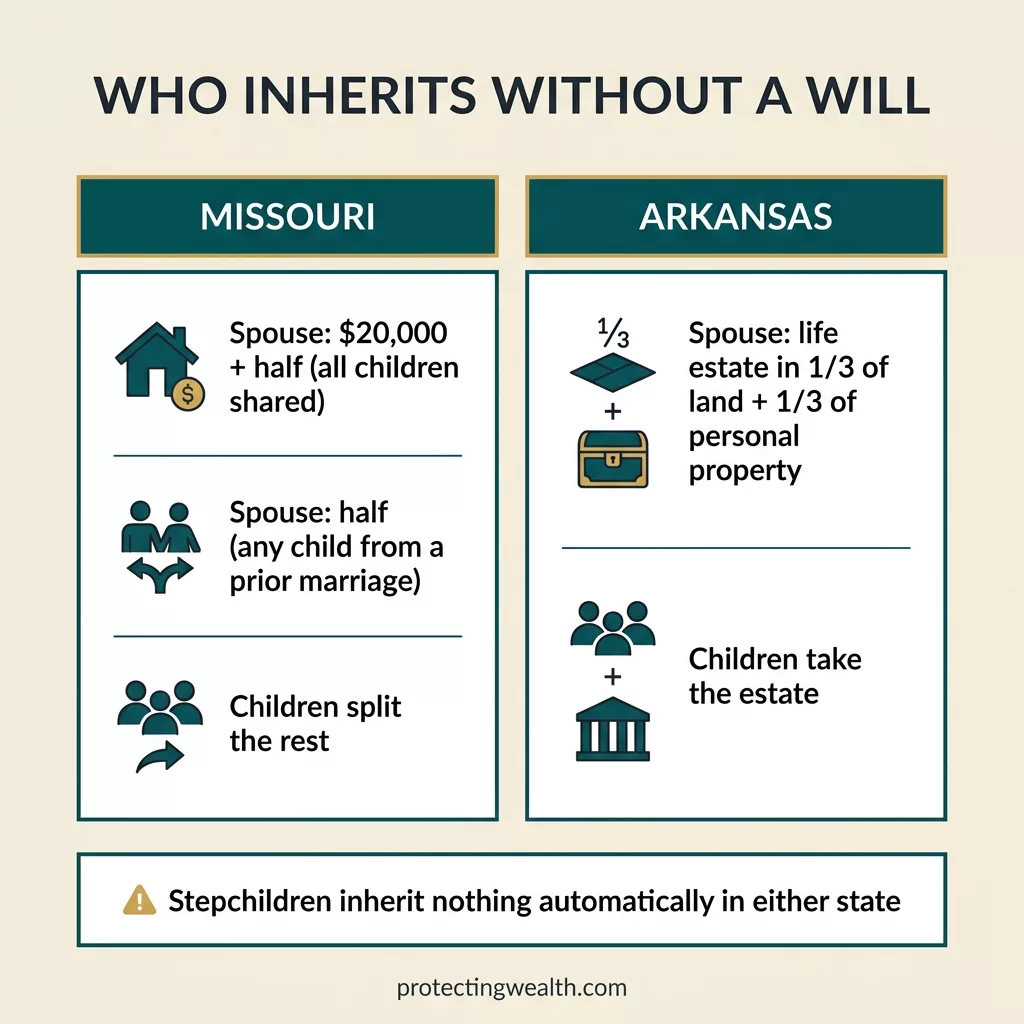 Side-by-side comparison of what a surviving spouse receives without a will in Missouri versus Arkansas