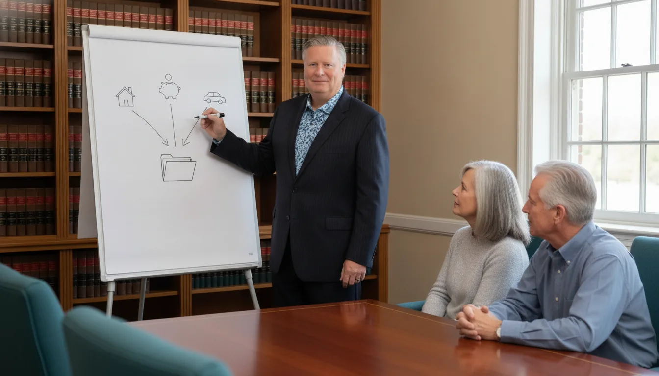 Christopher Dumm drawing how a house, bank account and car move into a trust for a retired couple