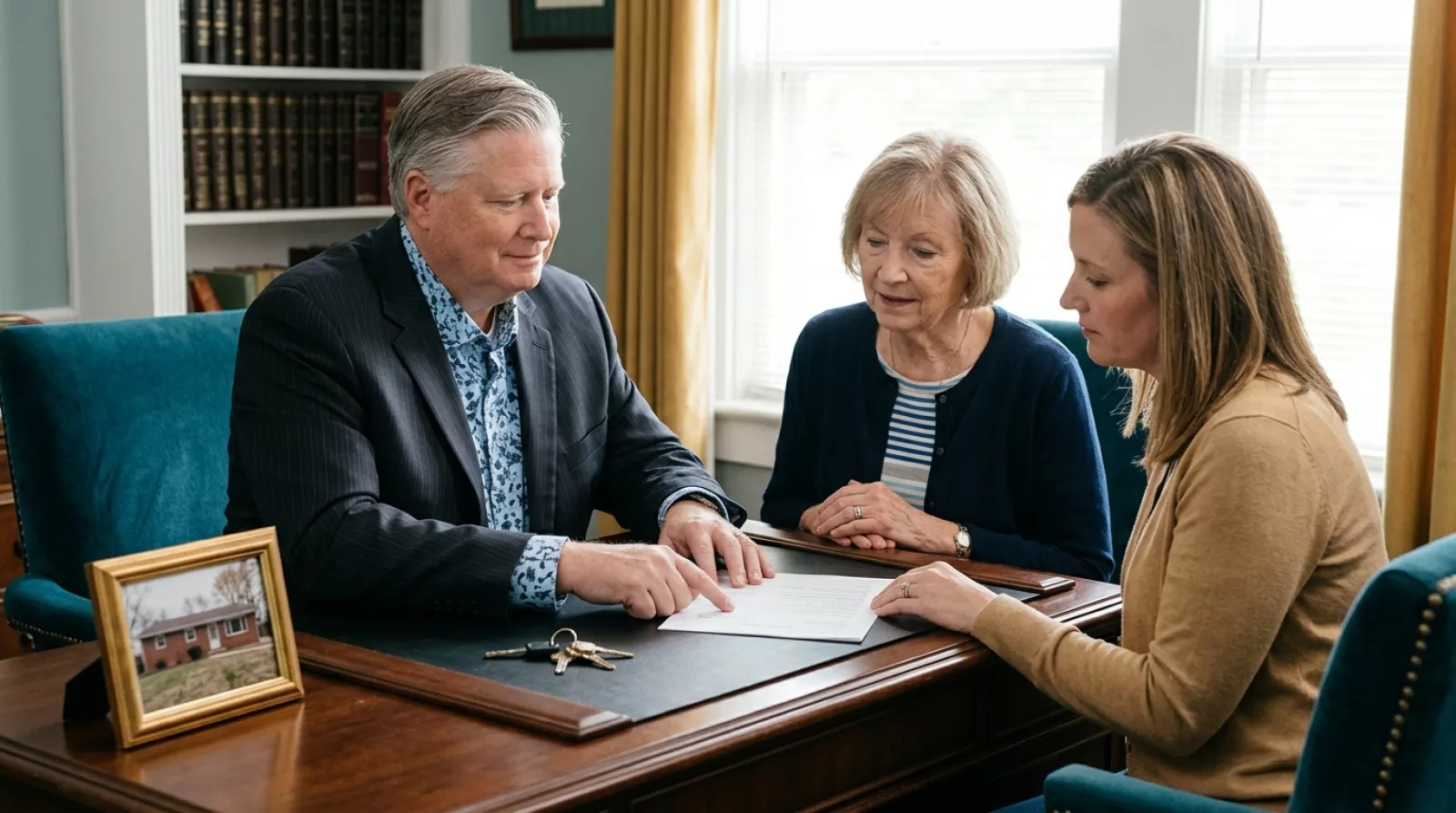 Estate planning attorney reviewing a property deed with an older mother and her adult daughter
