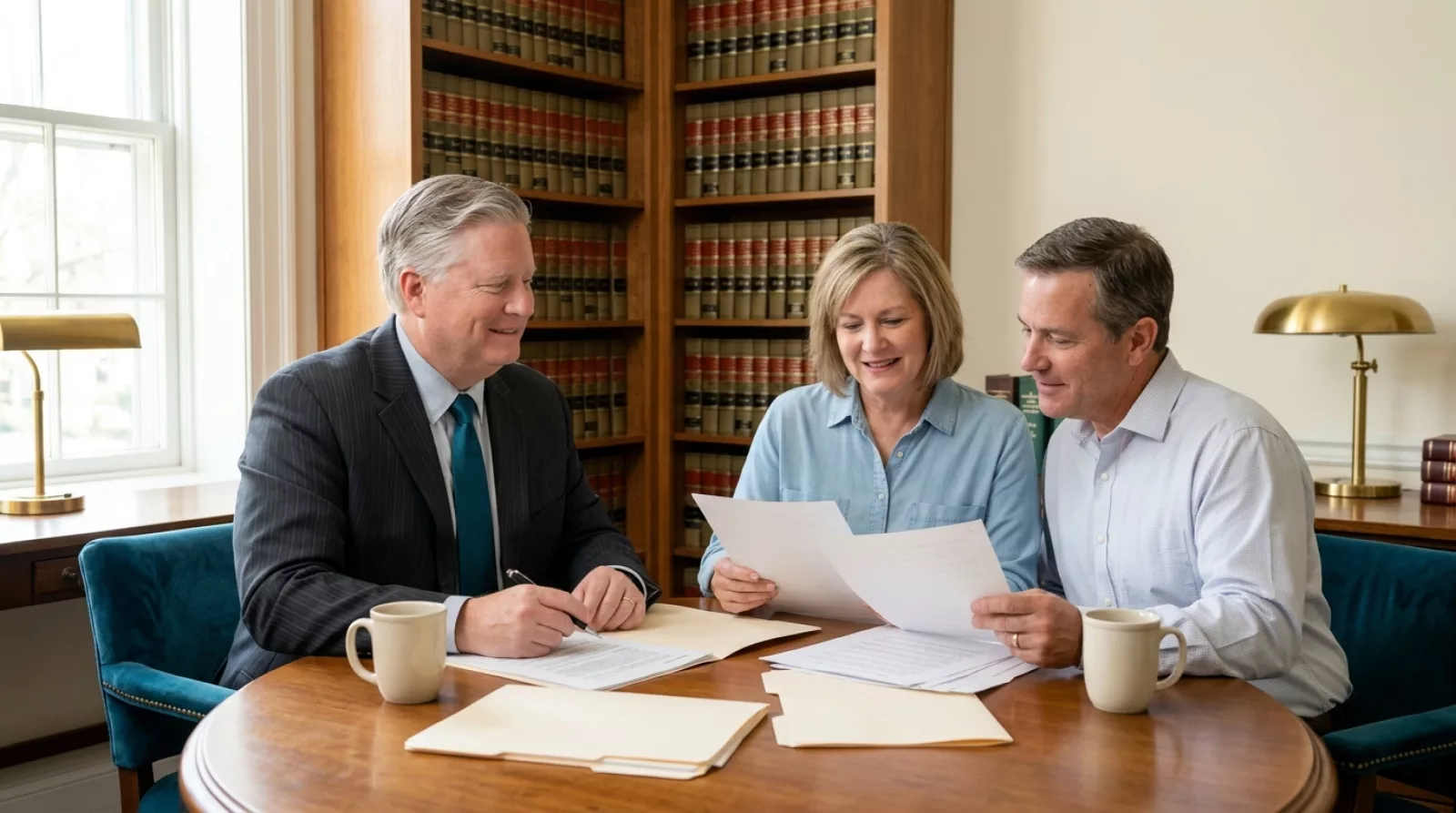 Estate planning attorney walking a couple through probate paperwork after a parent's death
