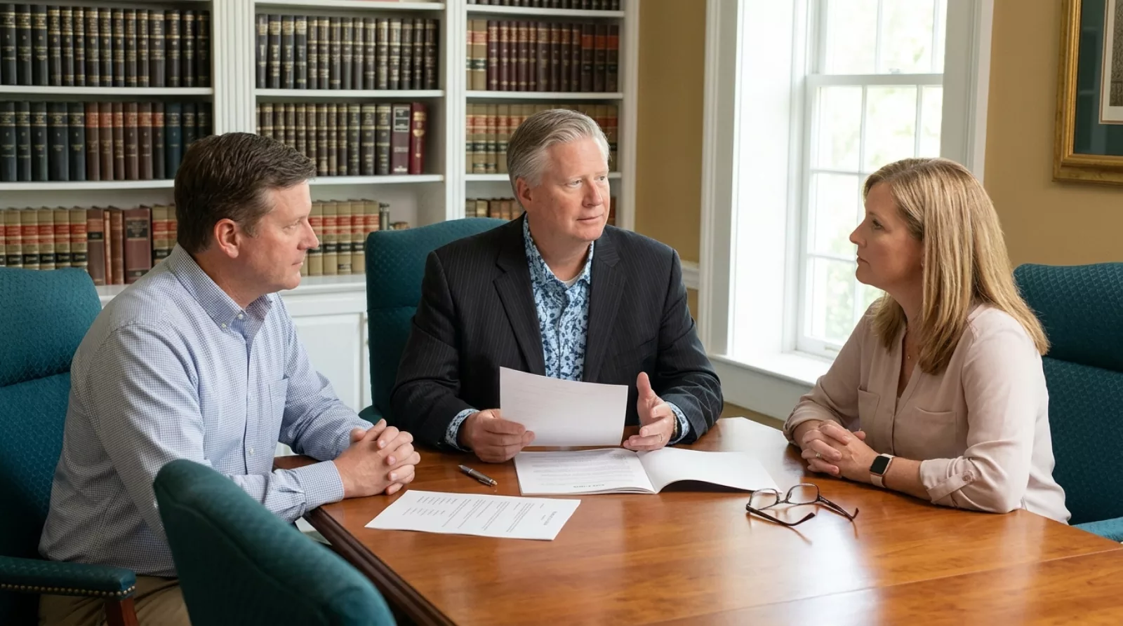 Estate planning attorney explaining an executor's role to two adult siblings at a conference table